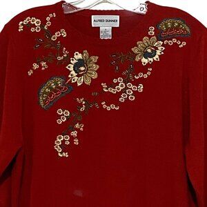 Vintage Alfred Dunner Beaded Embroidered Sweater S Red Grandmacore Fall Mature